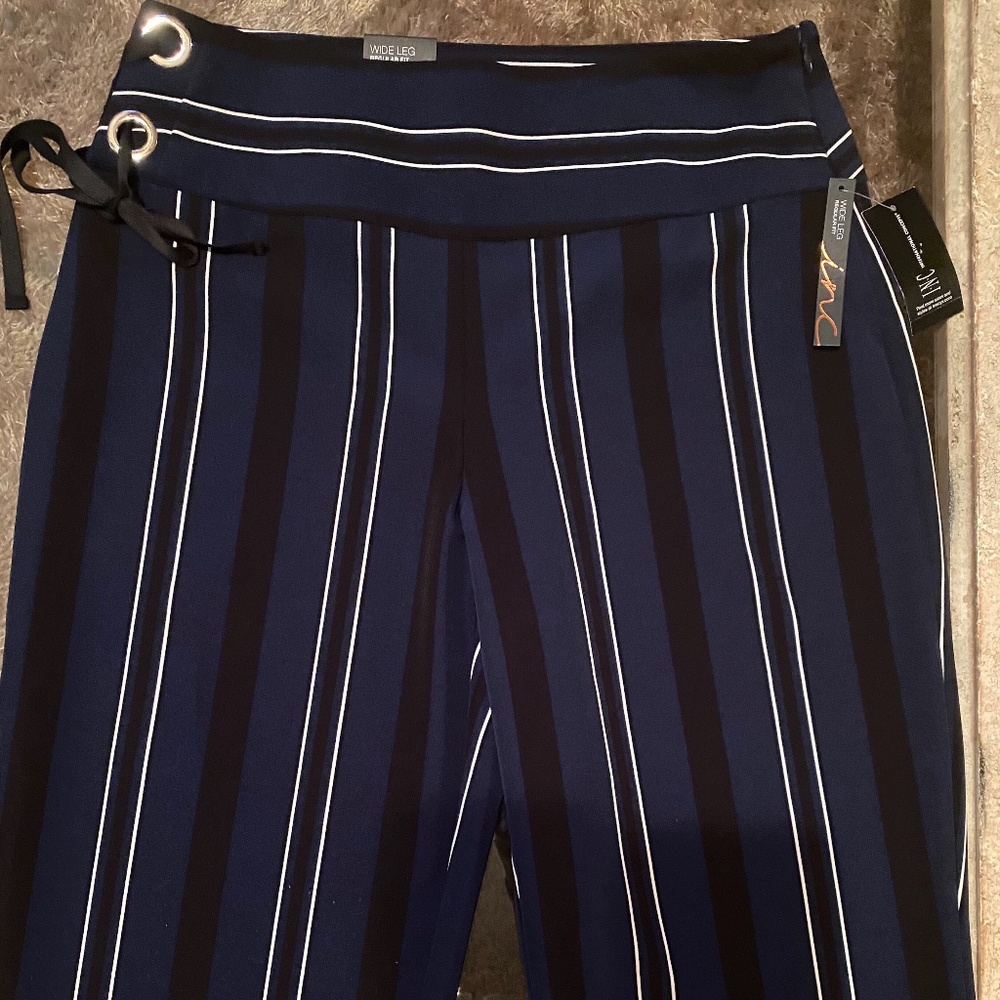 INC Blue/Black & White Striped Wide Leg Slacks Sz